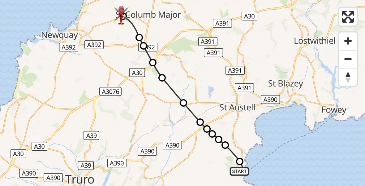 Flight route Air Ambulance Helicopter Portmellon - Cornwall Airport Newquay, 06 May 2026, 18:56