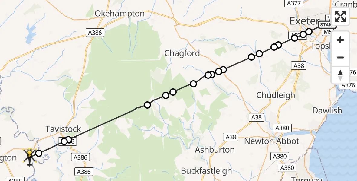 Flight route Police Helicopter Exeter - Metherell, 06 May 2026, 19:04