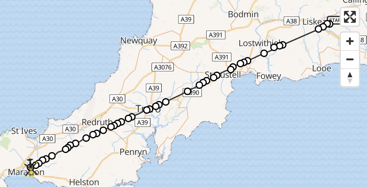 Flight route Police Helicopter Merrymeet - Marazion, 06 May 2026, 19:24