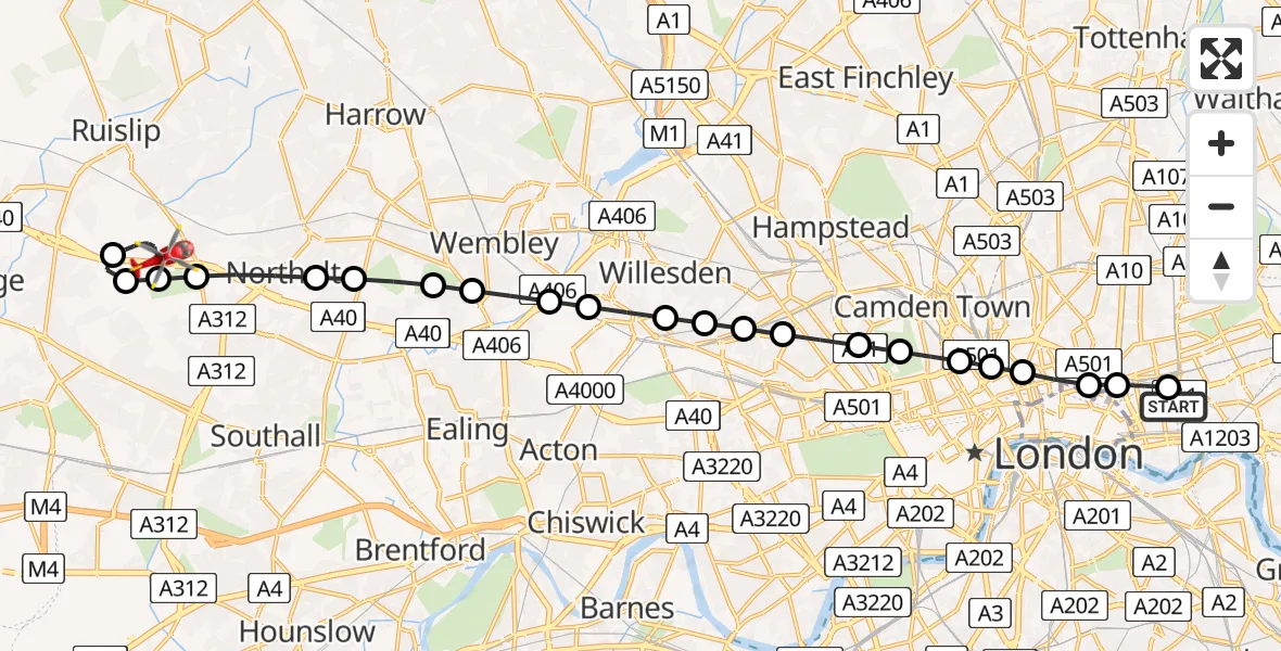 Flight route Air Ambulance Helicopter Royal London Hospital - RAF Northolt, 06 May 2026, 19:39