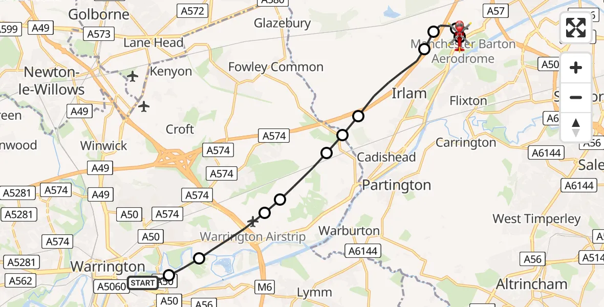 Flight route Air Ambulance Helicopter Warrington - Irlam, 06 May 2026, 19:43