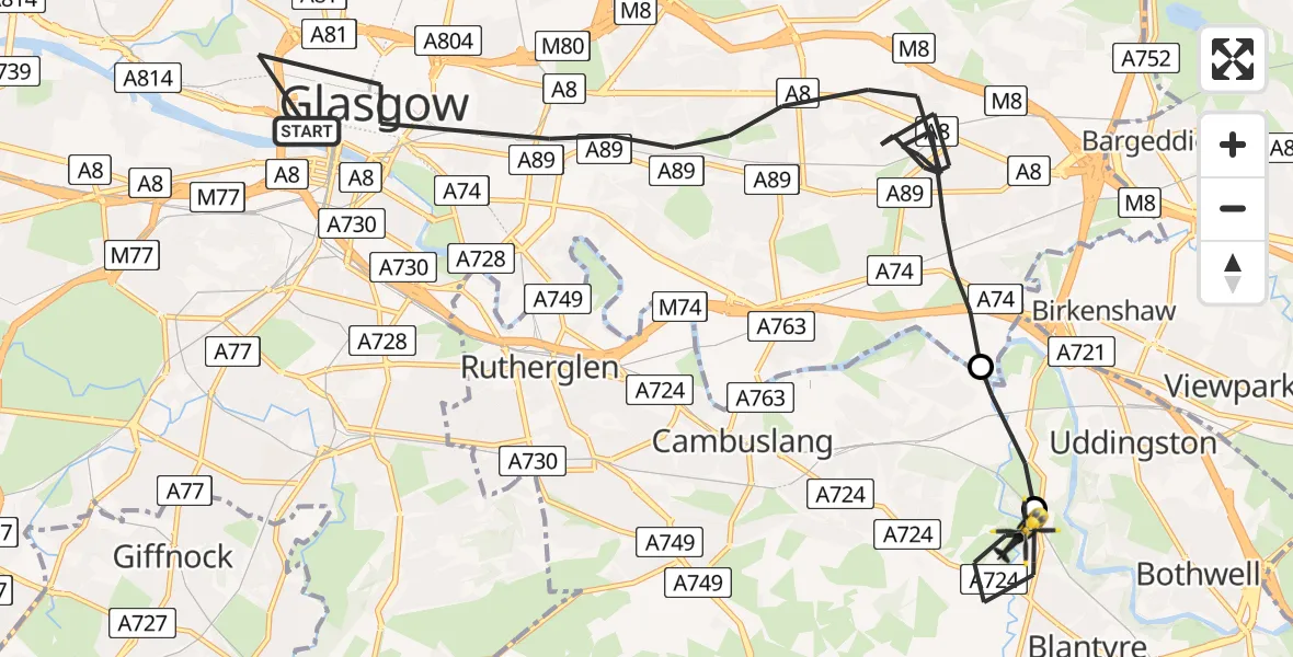 Flight route Police Helicopter Glasgow - Blantyre, 06 May 2026, 19:44