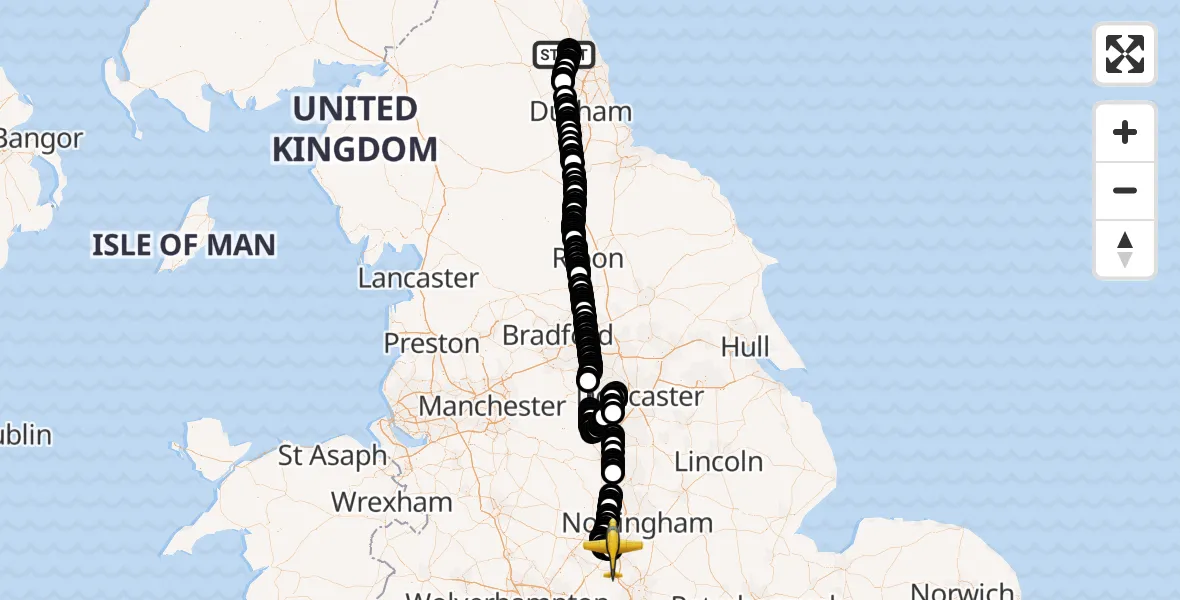 Flight route Police Aircraft Newcastle International Airport - East Midlands Airport, 06 May 2026, 19:54