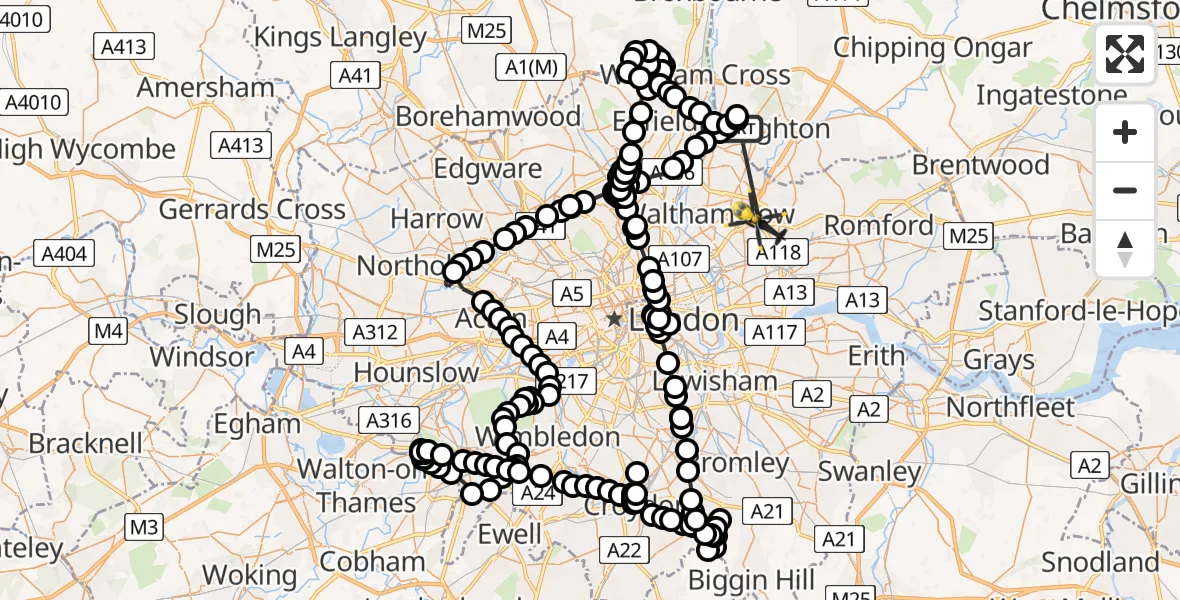 Flight route Police Helicopter Sewardstonebury - Wanstead, 06 May 2026, 19:54