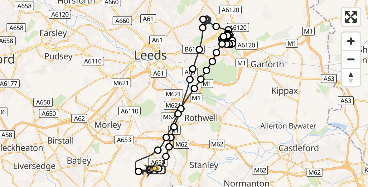 Flight route Police Helicopter East Ardsley - Wrenthorpe, 06 May 2026, 20:07
