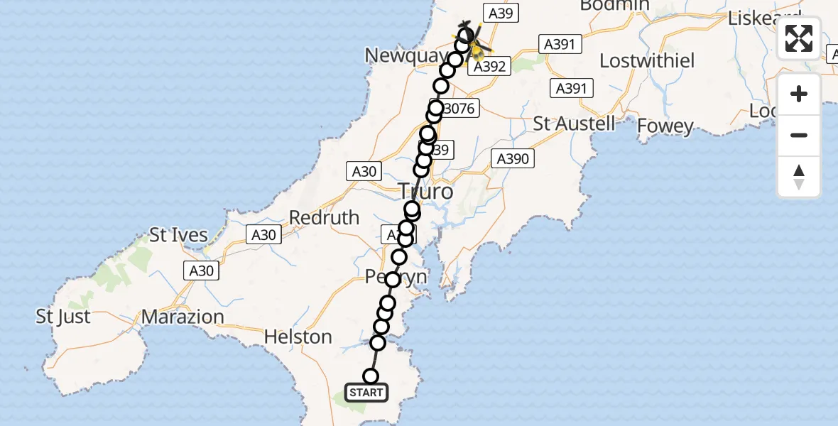 Flight route Police Helicopter Garras - St. Columb Major, 06 May 2026, 20:21