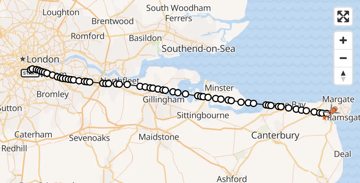 Flight route Coastguard Helicopter Kings College London Hospital - Manston Airport, 06 May 2026, 20:23