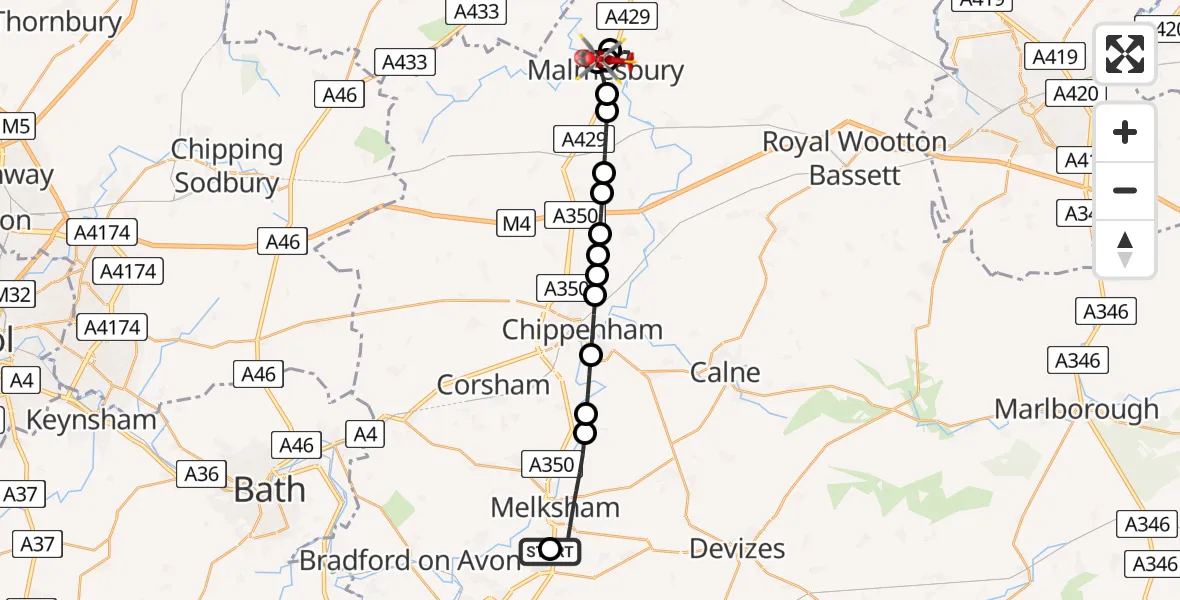 Flight route Air Ambulance Helicopter Wiltshire Air Ambulance - Malmesbury, 06 May 2026, 20:34