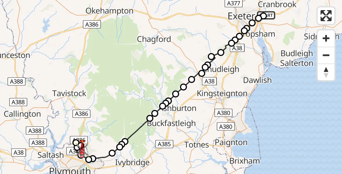 Flight route Air Ambulance Helicopter Clyst Honiton - Glenholt, 06 May 2026, 20:44