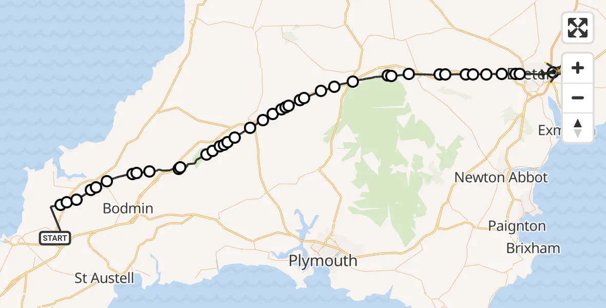 Flight route Police Helicopter St. Columb Major - East Devon, 06 May 2026, 20:57