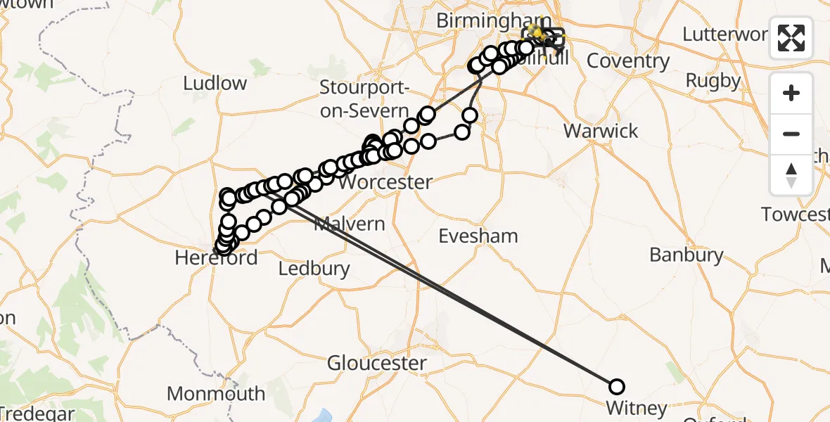Flight route Police Helicopter Birmingham Airport - Solihull, 06 May 2026, 21:55