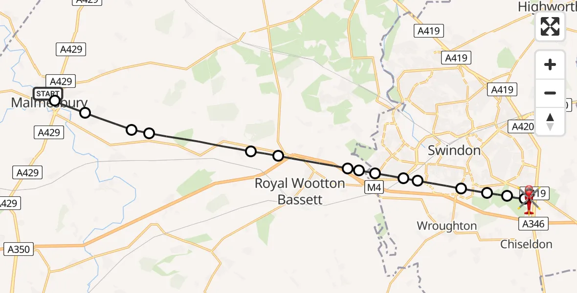 Flight route Air Ambulance Helicopter Malmesbury - Great Western Hospital, 06 May 2026, 21:59