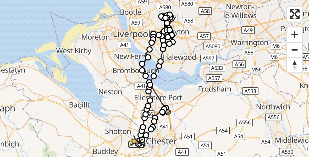 Flight route Police Helicopter Hawarden Airport - Sandycroft, 06 May 2026, 22:08