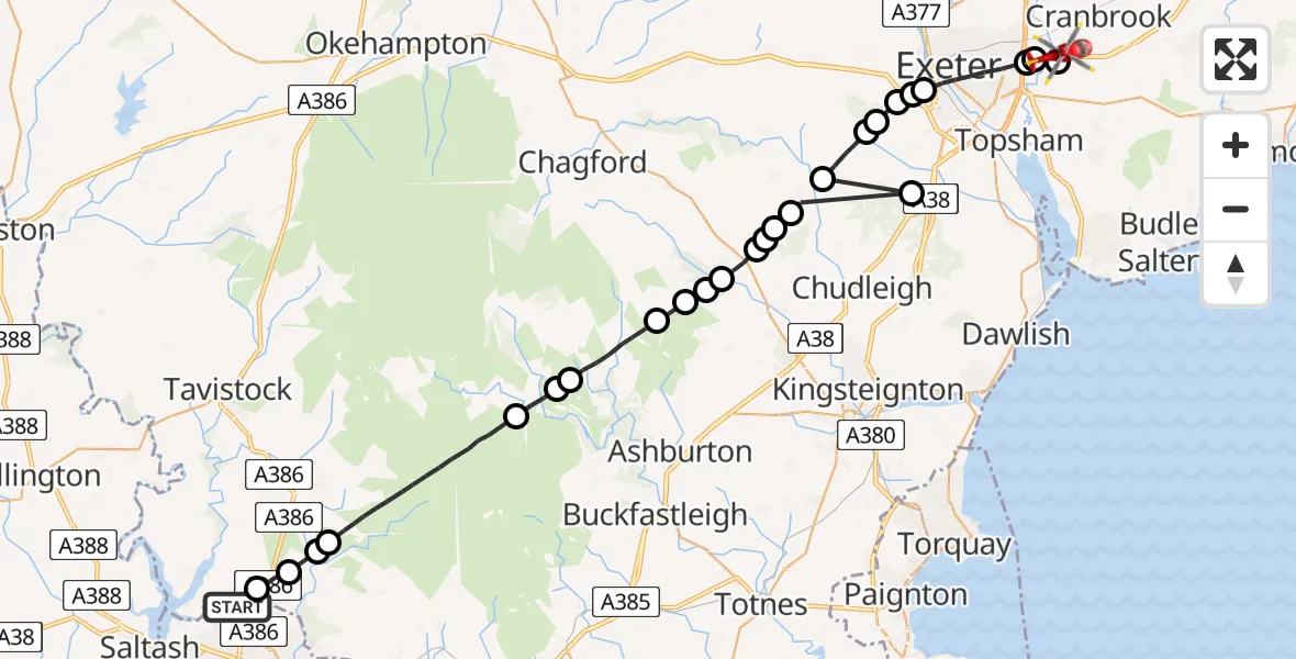 Flight route Air Ambulance Helicopter Southway - Clyst Honiton, 06 May 2026, 22:09