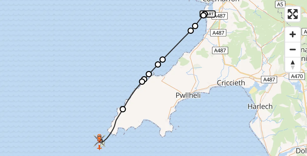 Flight route Coastguard Helicopter Caernarfon Airport - Aberdaron, 06 May 2026, 22:20