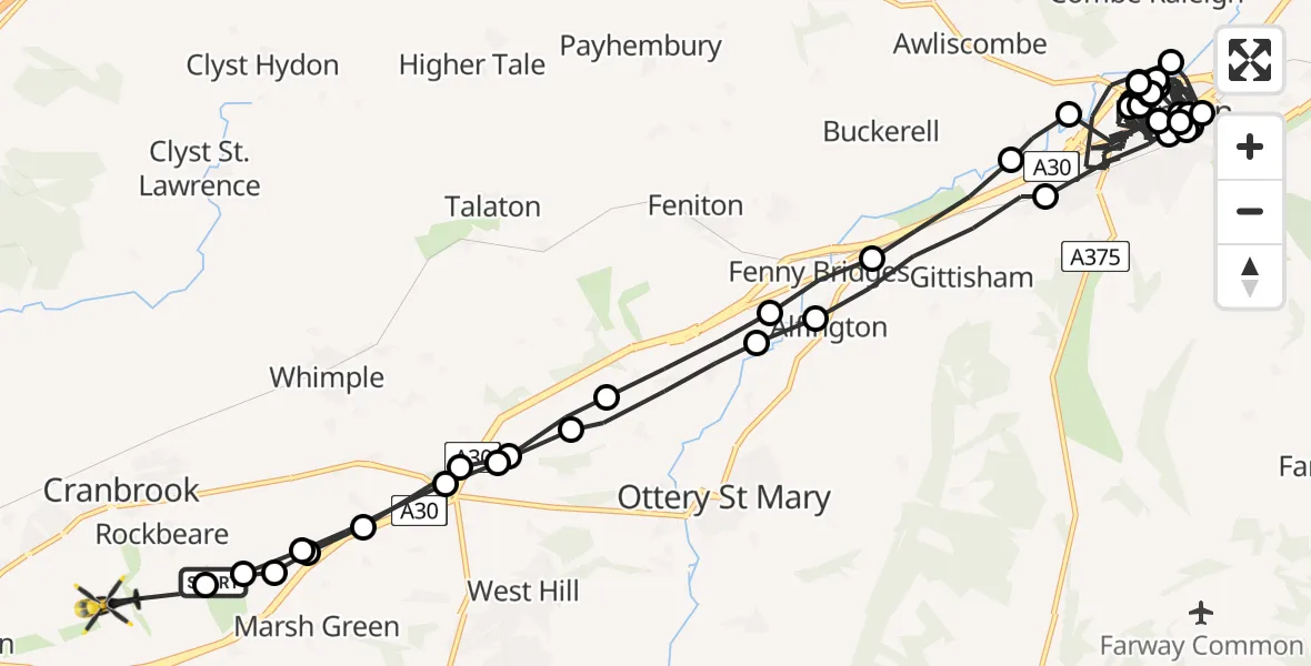 Flight route Police Helicopter Rockbeare - Exeter International Airport, 06 May 2026, 22:42