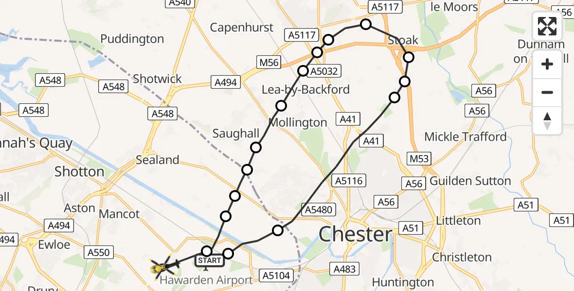 Flight route Police Helicopter Hawarden Airport - Broughton, 06 May 2026, 22:47
