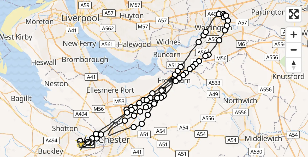 Flight route Police Helicopter Hawarden Airport - Sandycroft, 06 May 2026, 22:58