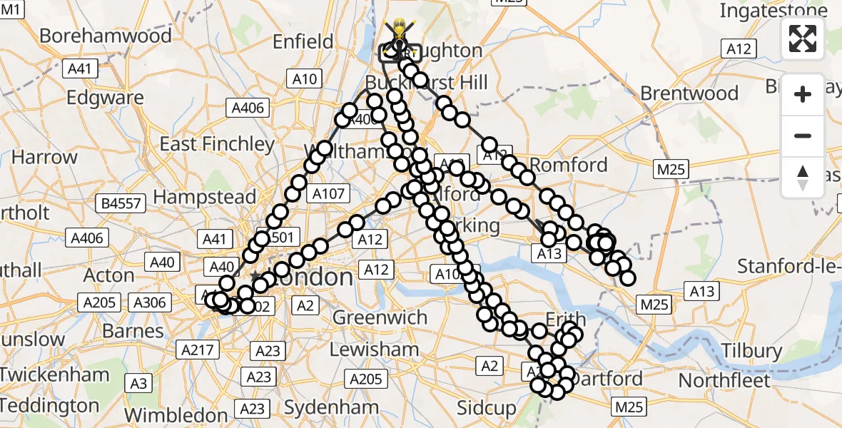Flight route Police Helicopter Sewardstonebury - Sewardstonebury, 06 May 2026, 23:05