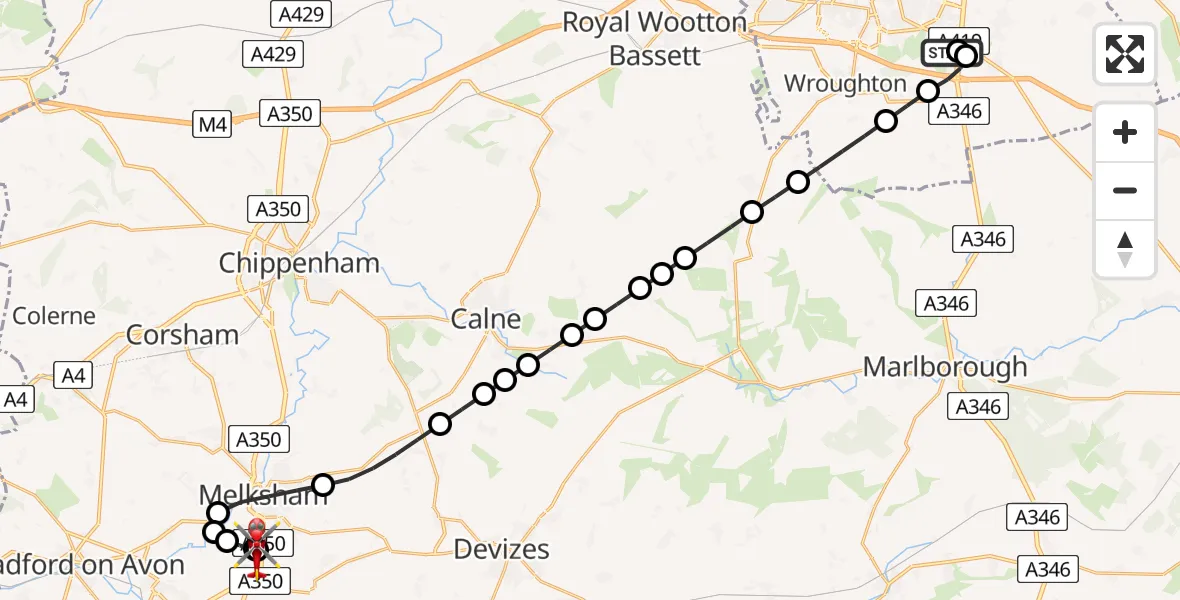 Flight route Air Ambulance Helicopter Great Western Hospital - Wiltshire Air Ambulance, 06 May 2026, 23:08