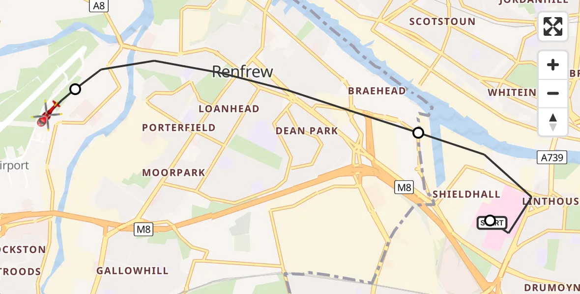 Flight route Air Ambulance Helicopter Queen Elizabeth Hospital - Glasgow Airport, 06 May 2026, 23:18