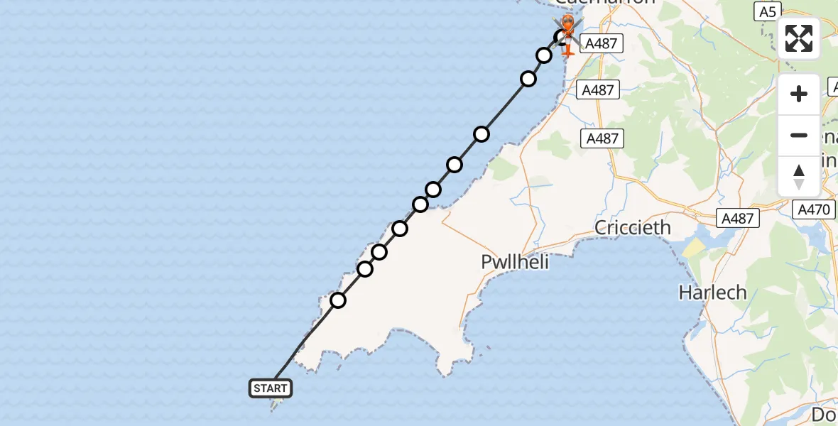 Flight route Coastguard Helicopter Aberdaron - Caernarfon Airport, 06 May 2026, 23:21