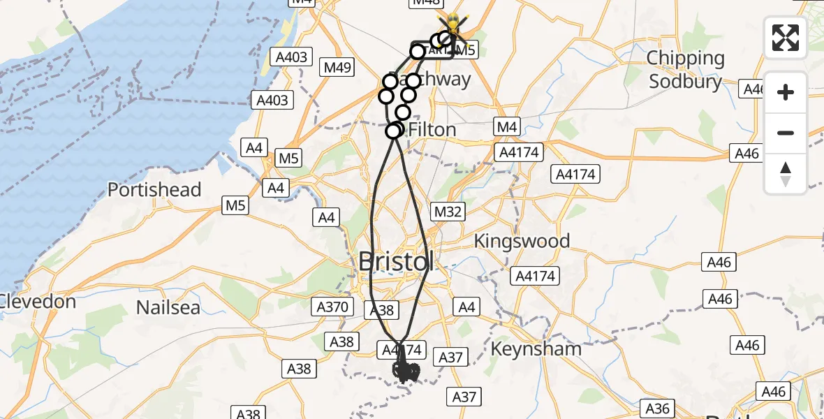 Flight route Police Helicopter Almondsbury - Almondsbury Helicopter Base, 06 May 2026, 23:38