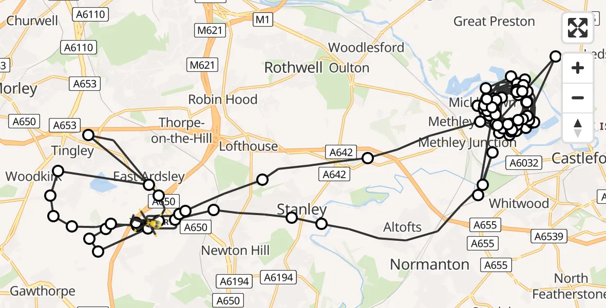 Flight route Police Helicopter East Ardsley - Wrenthorpe, 06 May 2026, 23:47