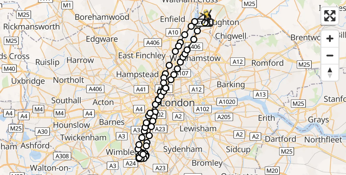 Flight route Police Helicopter Chingford - Metropolitan Police Air Support Unit Lippitts Hill, 07 May 2026, 01:49