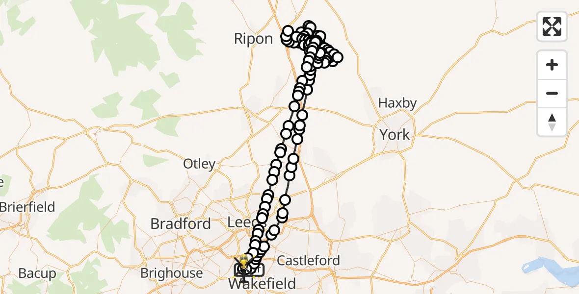 Flight route Police Helicopter East Ardsley - Woodkirk, 07 May 2026, 02:25