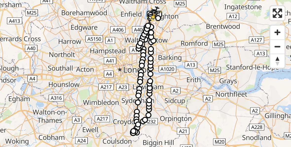 Flight route Police Helicopter Metropolitan Police Air Support Unit Lippitts Hill - Metropolitan Police Air Support Unit Lippitts Hill, 07 May 2026, 02:45
