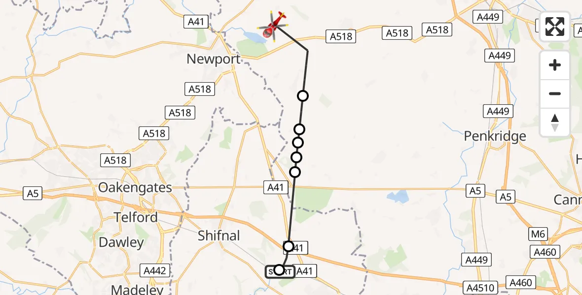 Flight route Air Ambulance Helicopter RAF Cosford - Stafford, 07 May 2026, 06:16