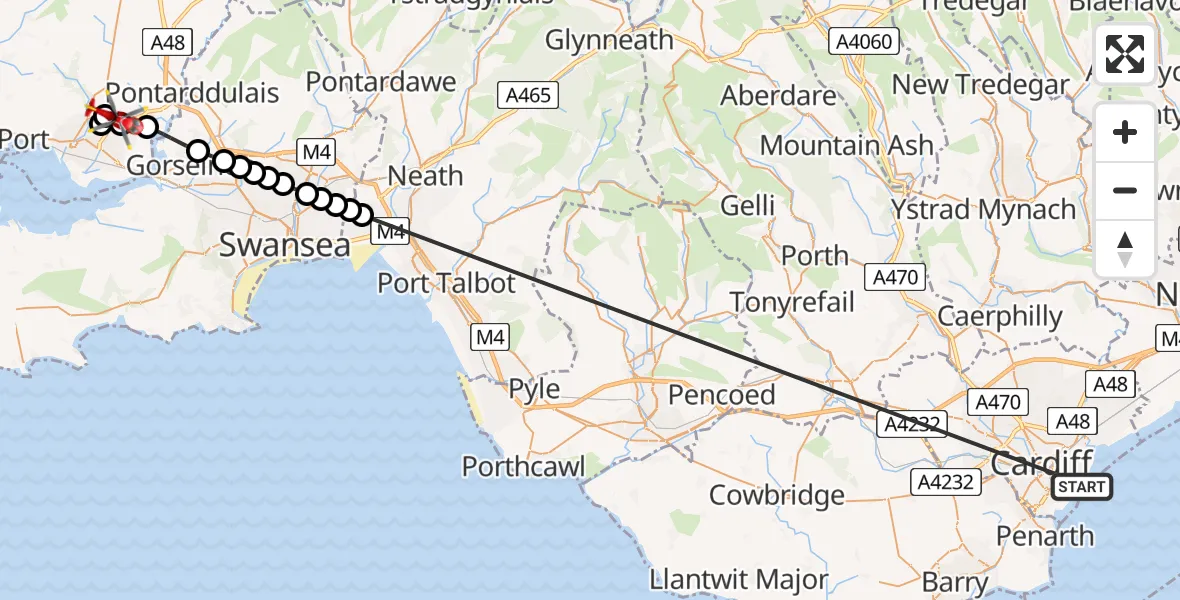 Flight route Air Ambulance Helicopter Cardiff Heliport - Dafen, 07 May 2026, 06:17
