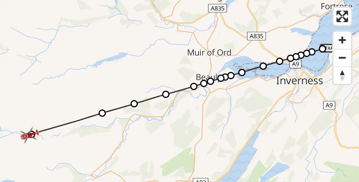 Flight route Air Ambulance Helicopter Inverness - Braulen Lodge, 07 May 2026, 06:50