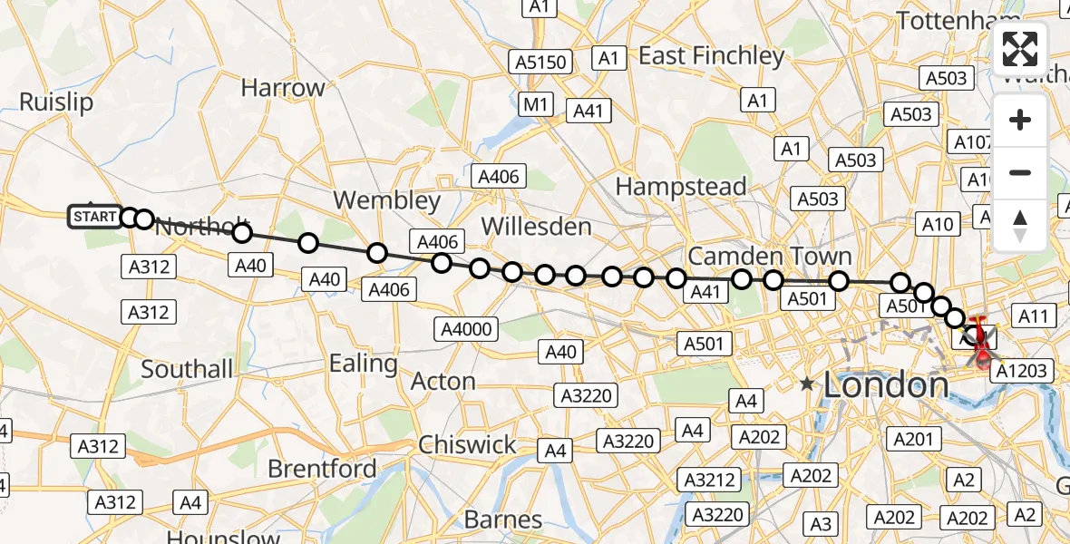 Flight route Air Ambulance Helicopter RAF Northolt - Royal London Hospital, 07 May 2026, 07:06