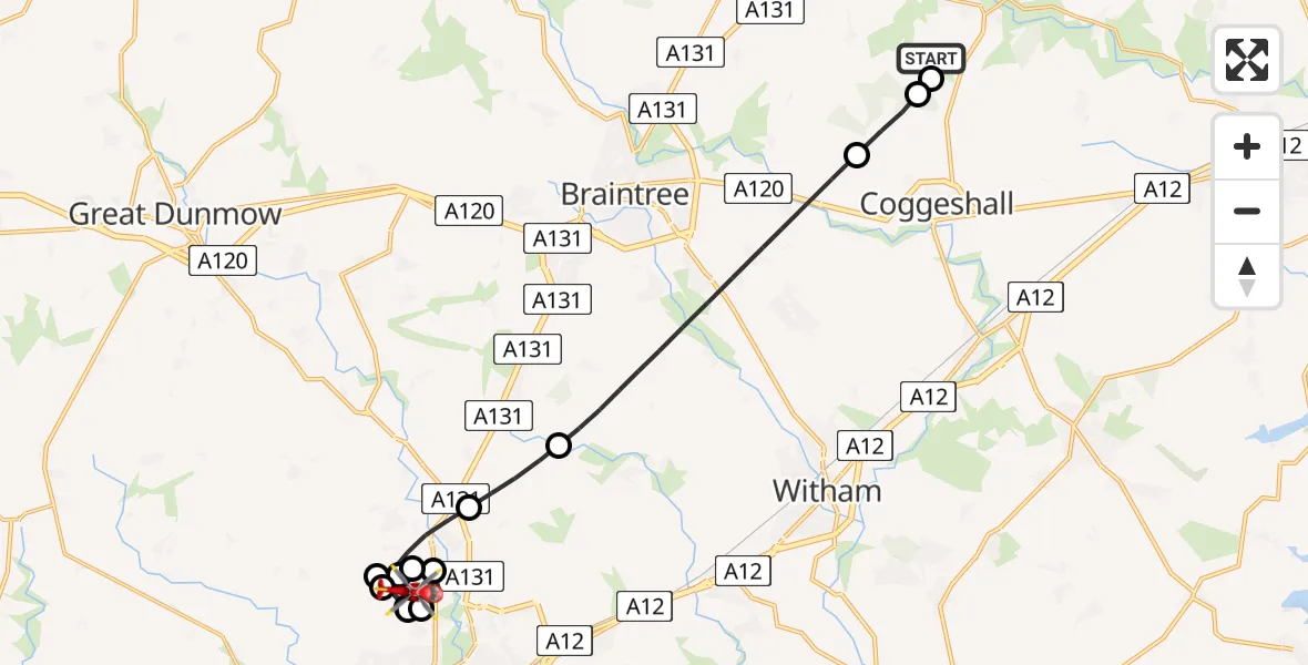 Flight route Air Ambulance Helicopter Earls Colne Airfield - Little Waltham, 07 May 2026, 07:09