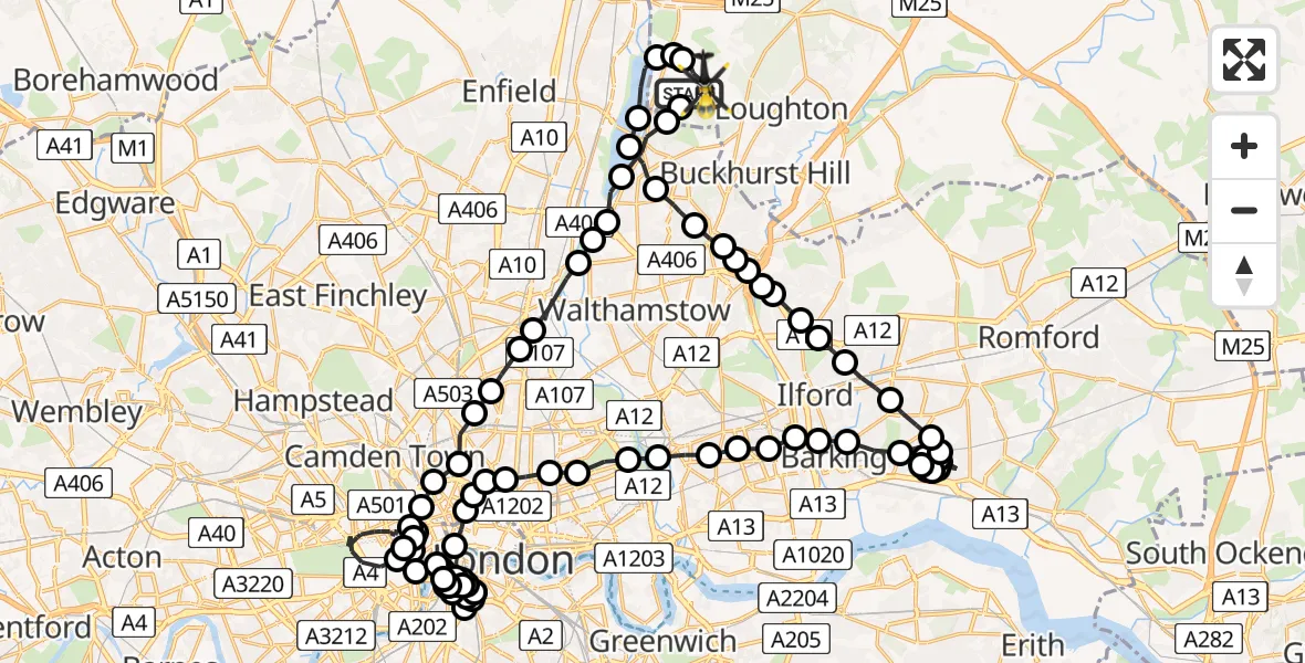Flight route Police Helicopter Sewardstonebury - Metropolitan Police Air Support Unit Lippitts Hill, 07 May 2026, 07:37