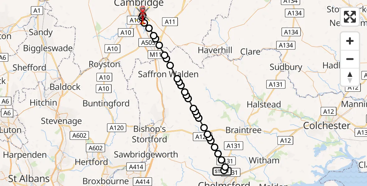 Flight route Air Ambulance Helicopter Broomfield Hospital - Papworth Hospital, 07 May 2026, 08:24