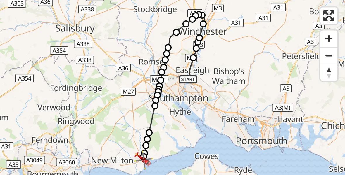 Flight route Air Ambulance Helicopter Eastleigh - Lymington, 07 May 2026, 08:31