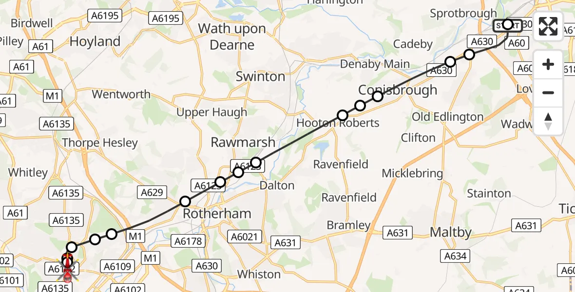 Flight route Air Ambulance Helicopter Balby - Sheffield Northern Hospital, 07 May 2026, 08:41