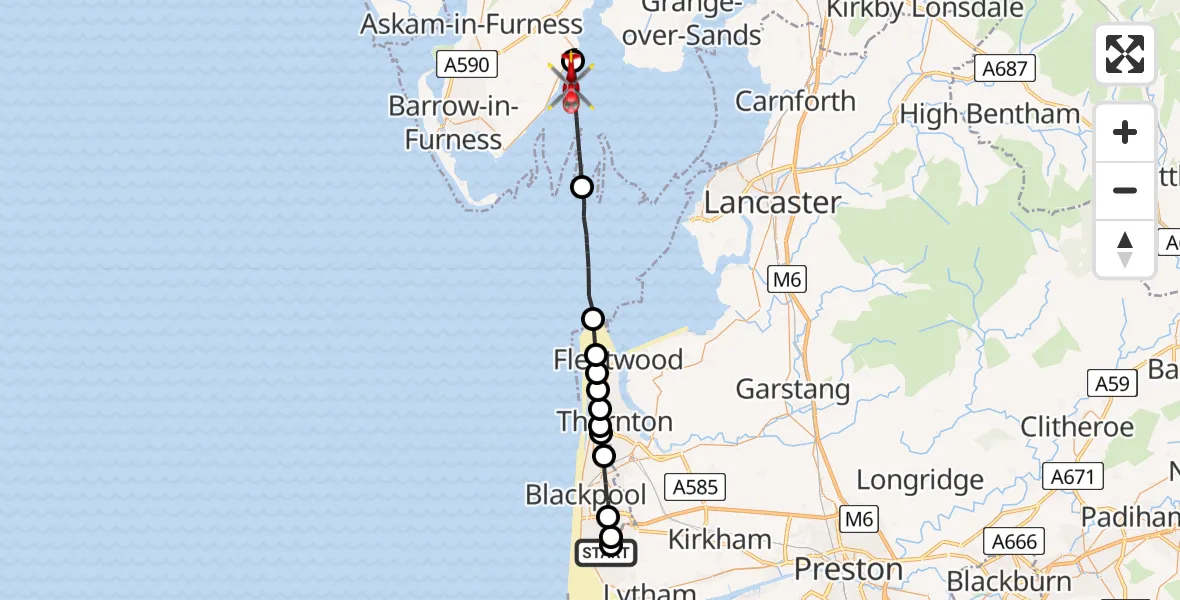 Flight route Air Ambulance Helicopter Blackpool Airport - Aldingham, 07 May 2026, 08:45