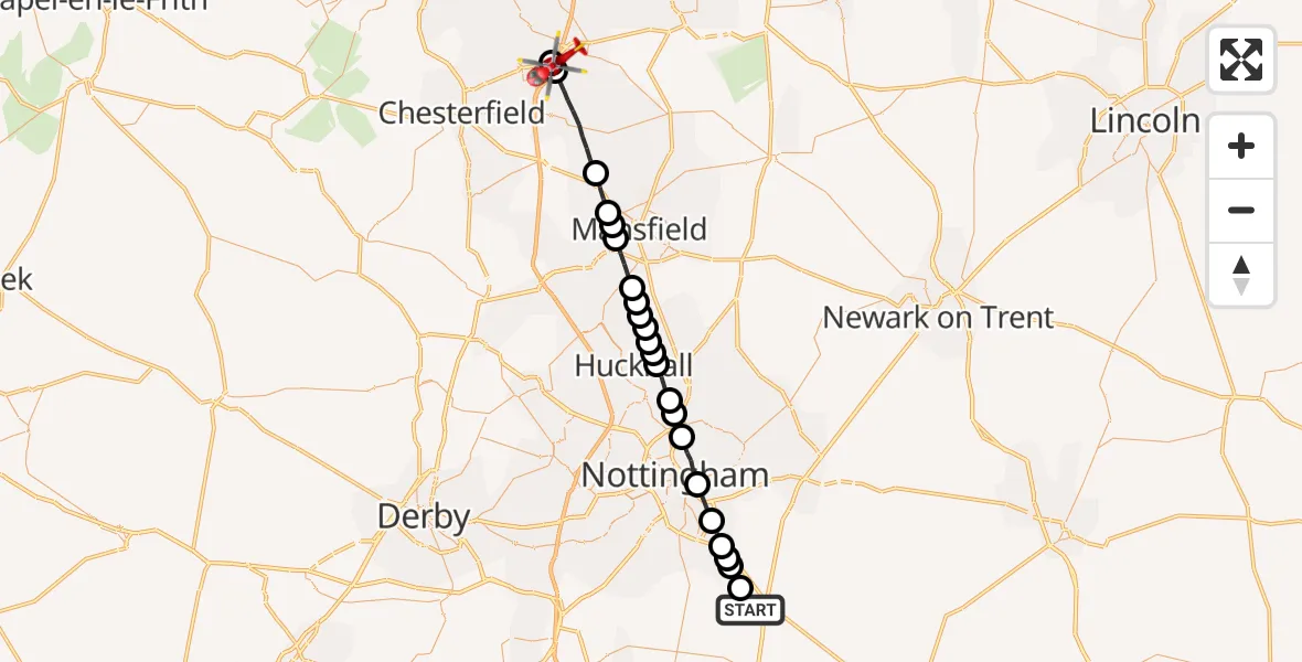 Flight route Air Ambulance Helicopter Widmerpool - Clowne, 07 May 2026, 08:50
