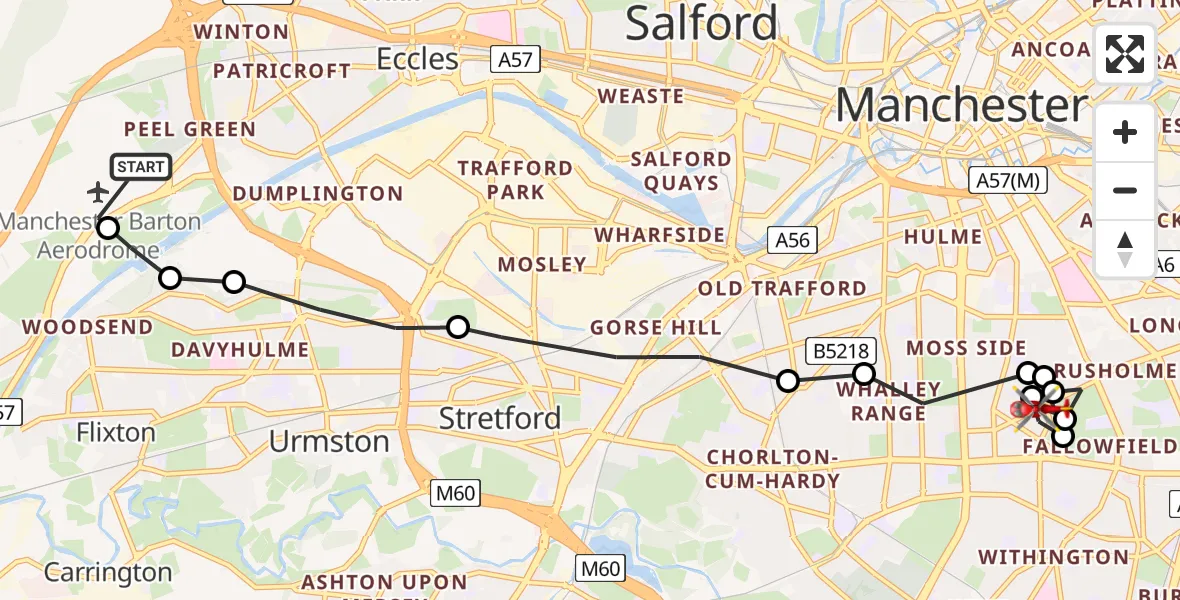 Flight route Air Ambulance Helicopter Manchester Barton Aerodrome - Fallowfield, 07 May 2026, 08:53