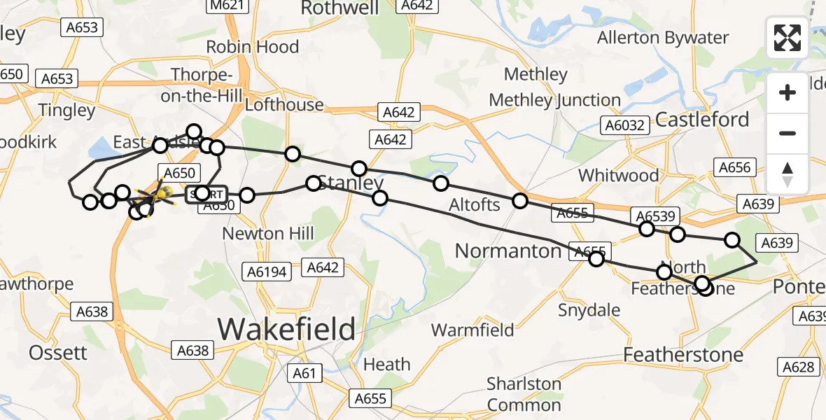 Flight route Police Helicopter Newton Hill - Wrenthorpe, 07 May 2026, 09:02