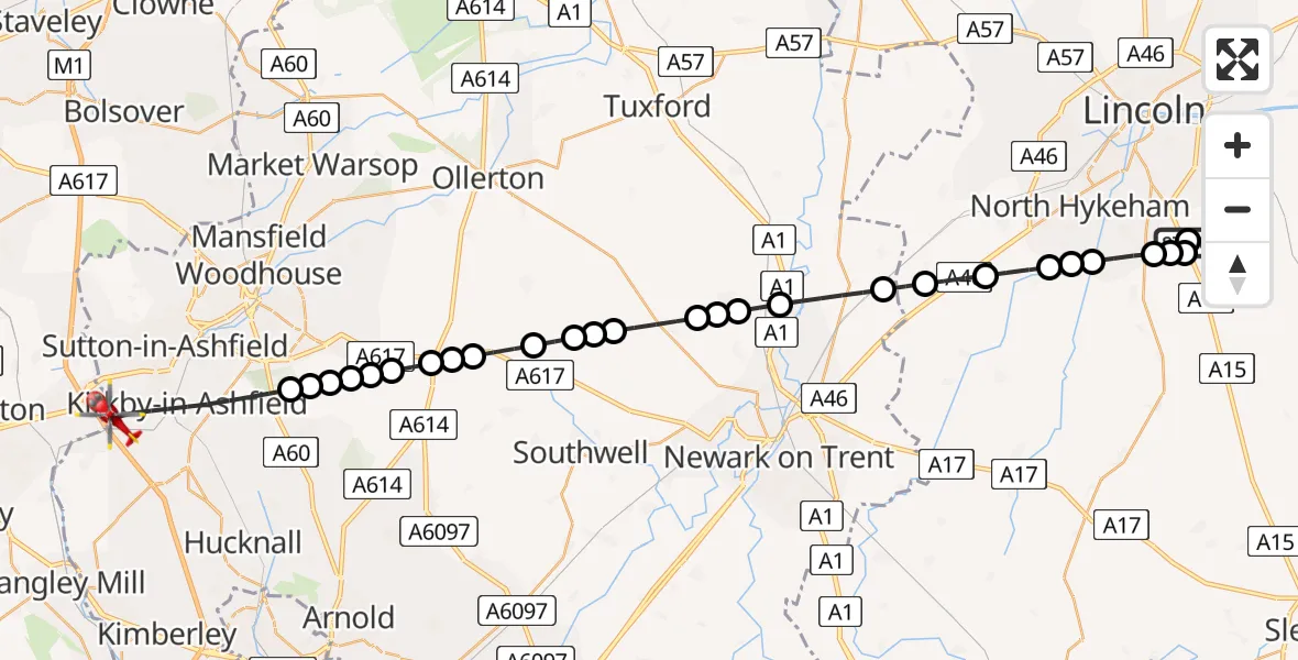 Flight route Air Ambulance Helicopter RAF Waddington - Kirkby-in-Ashfield, 07 May 2026, 09:20