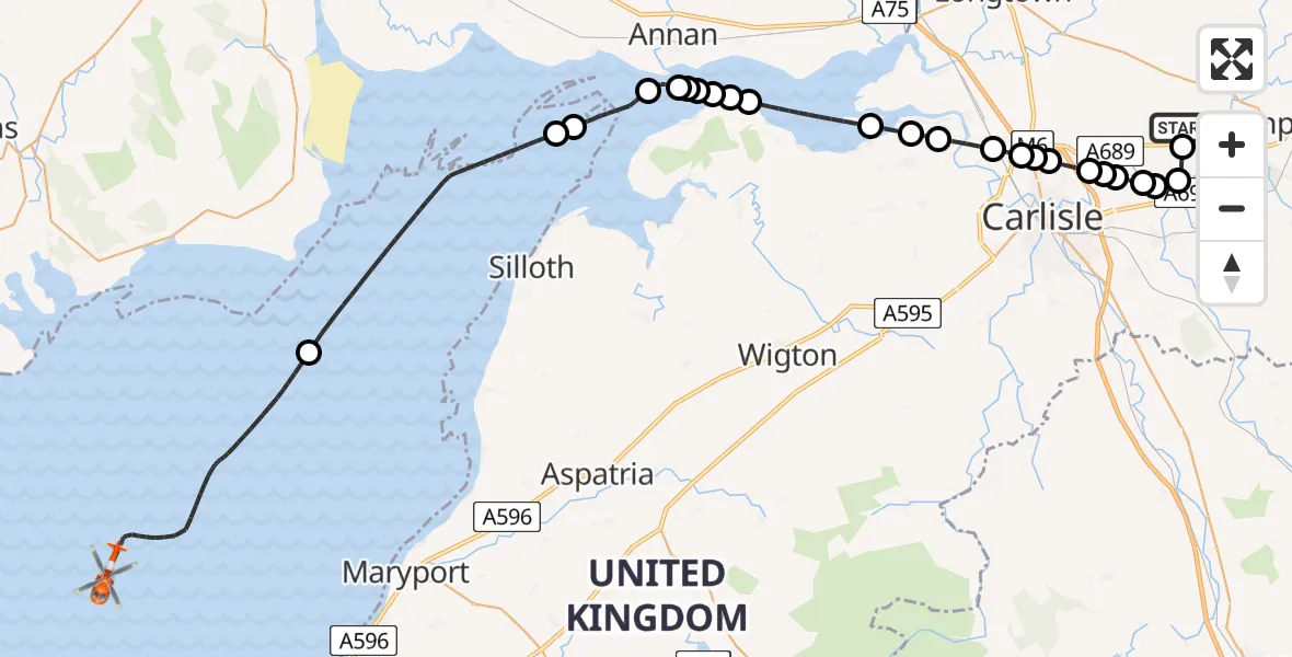 Flight route Coastguard Helicopter Carlisle Lake District Airport - Irish Sea, 07 May 2026, 09:21