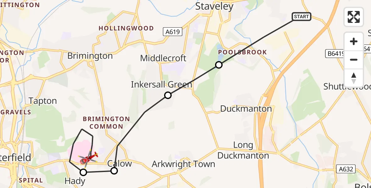 Flight route Air Ambulance Helicopter Chesterfield - Chesterfield, 07 May 2026, 09:25