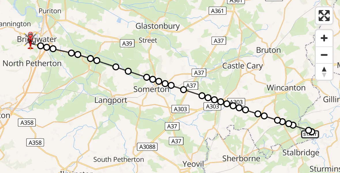 Flight route Air Ambulance Helicopter Henstridge Airfield - Bridgwater, 07 May 2026, 09:28