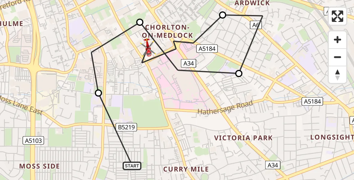 Flight route Air Ambulance Helicopter Moss Side - Chorlton-on-Medlock, 07 May 2026, 09:32