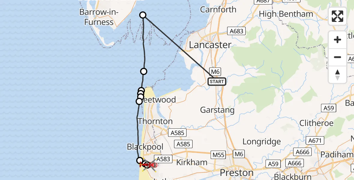 Flight route Air Ambulance Helicopter Ellel - Blackpool Airport, 07 May 2026, 09:35